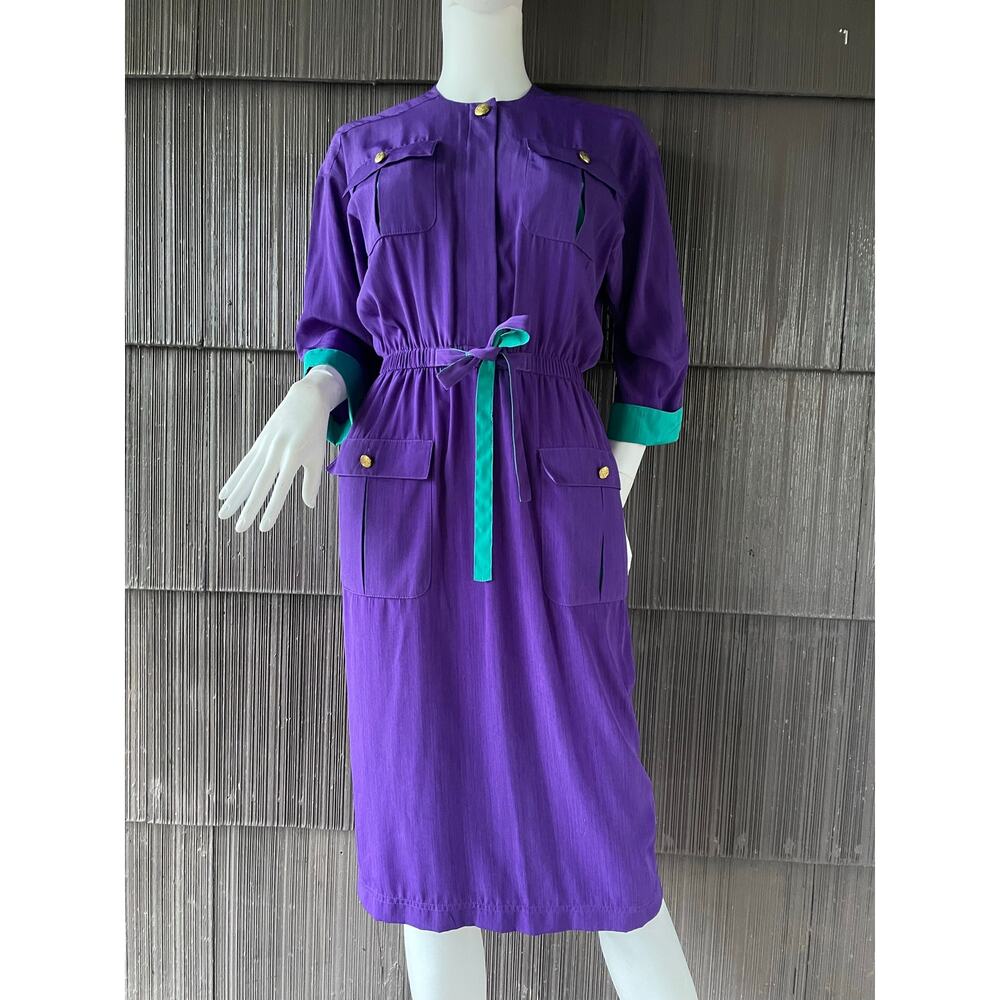 🔥VTG 80s Leslie Fay Retro Preppy Safari Chic Secretary Librarian Dress Size 4